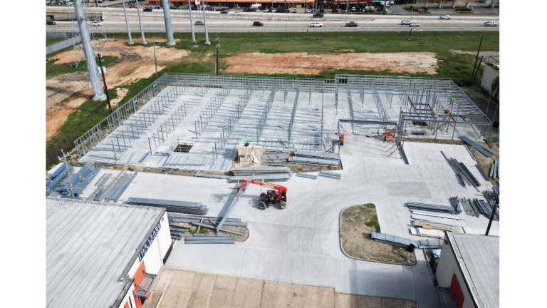 H-Town Public Storage in Houston, TX - aerial view of structural framing in progress with equipment on the slab, by Keeton Construction Services