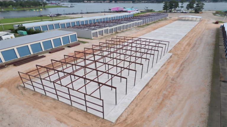Lakeview Marina Boat Storage during construction in Conroe, TX showing steel framing on a concrete slab by Keeton Construction Services