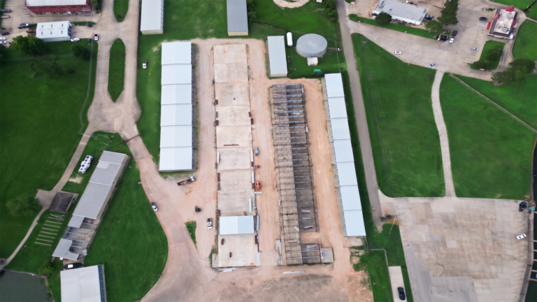 Overhead aerial view of Lakeview Marina Boat Storage buildings and construction area in Conroe, TX by Keeton Construction Services