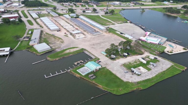 Aerial view of the Lakeview Marina Boat Storage site and waterfront peninsula in Conroe, TX by Keeton Construction Services