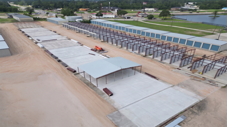Lakeview Marina Boat Storage during construction in Conroe, TX showing structural framing and equipment on site by Keeton Construction Services