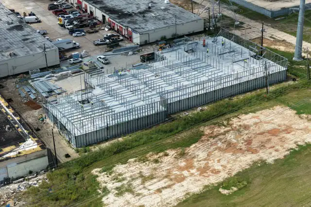 H-Town Public Storage in Houston, TX - aerial view of the framed structure during construction by Keeton Construction Services
