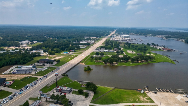 Wide aerial view of the Lakeview Marina Boat Storage area in Conroe, TX by Keeton Construction Services