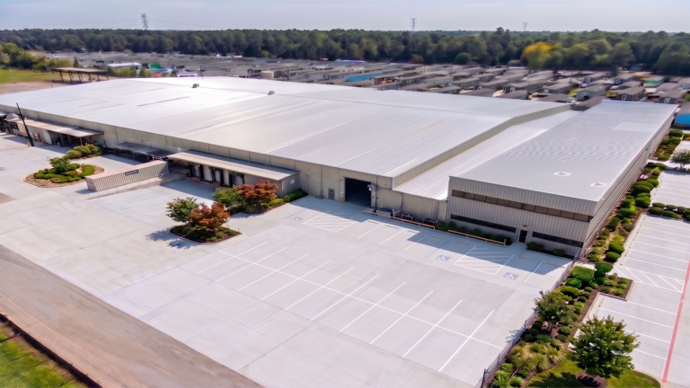Aerial view of the GSK Industrial building and parking lot in Houston, TX - Keeton Construction Services
