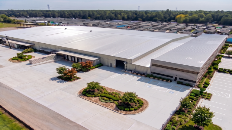 Aerial view of the GSK Industrial facility with landscaped parking area in Houston, TX - Keeton Construction Services