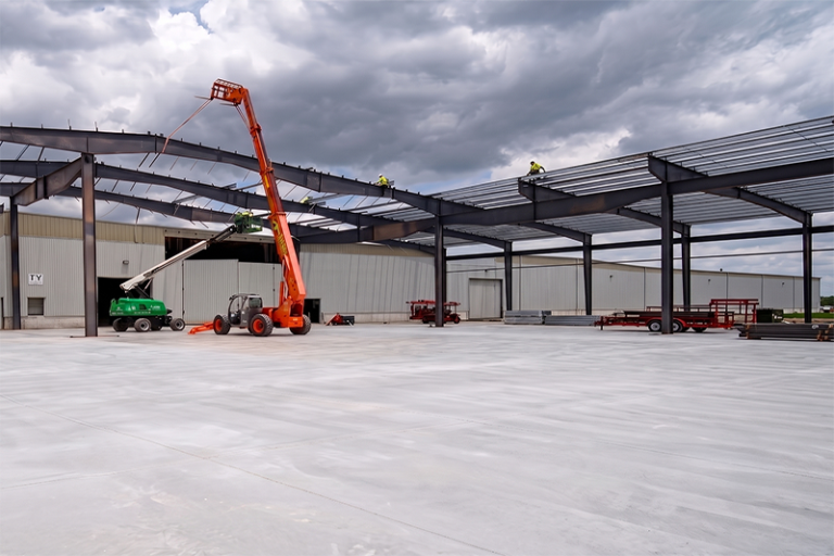 New metal building under construction for McCorvey Sheet Metal Works in Houston by Keeton Construction Services.